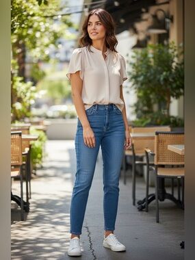 Alex Marie Cream Band-Collar Short-Sleeve Blouse